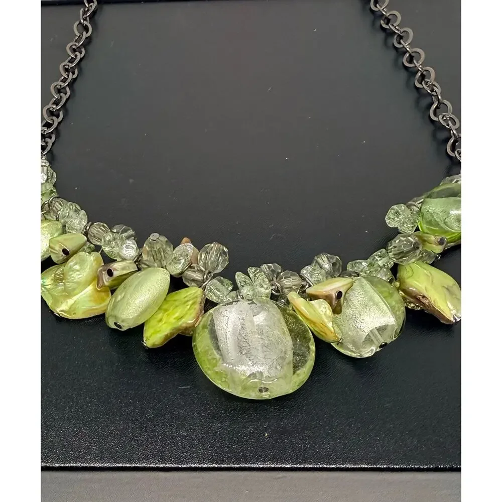 Green Mother of Pearl Glass Statement Necklace Gunmetal Adjustable 19-22”